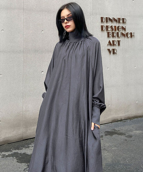 Glossy Gathered High Neck Dress